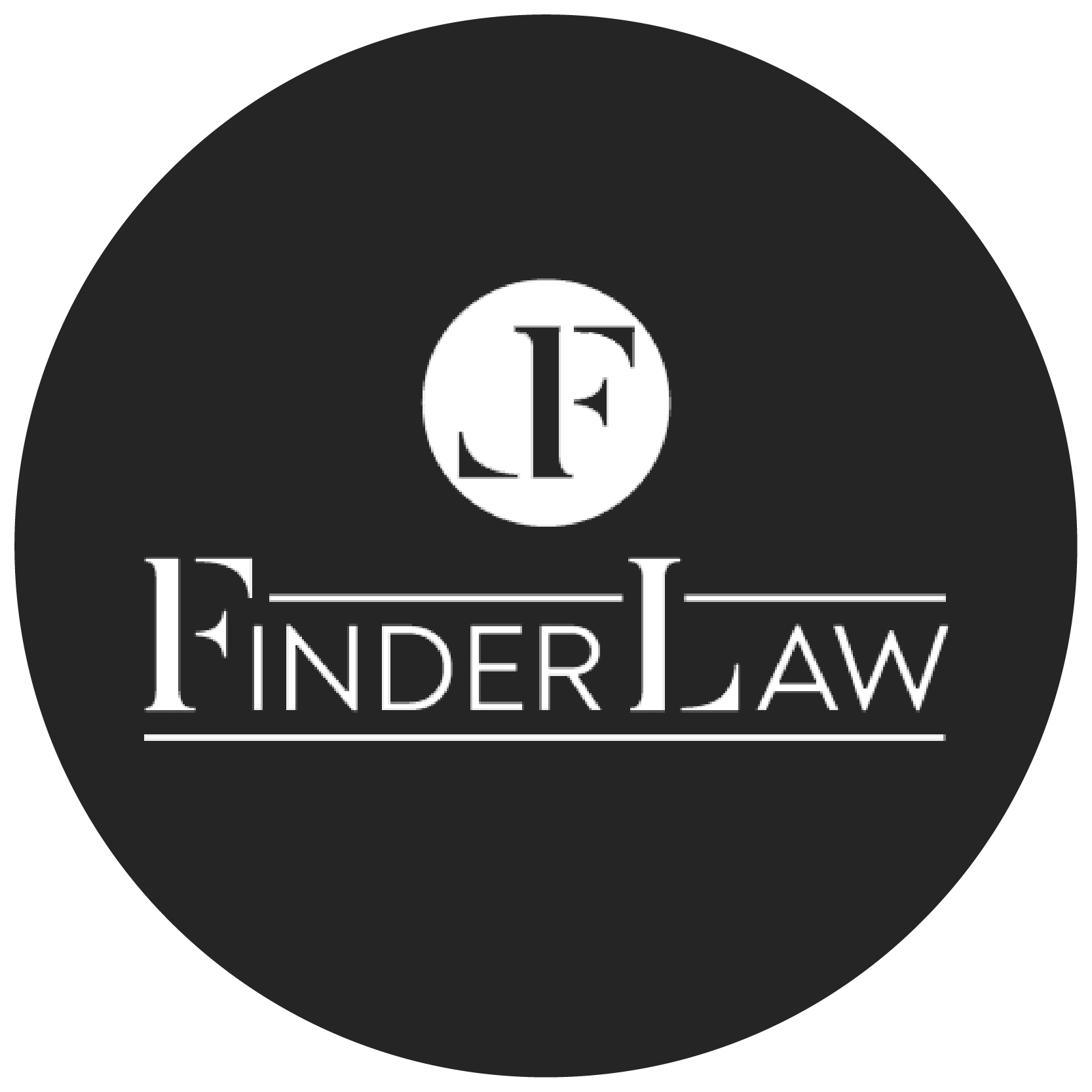 Circular logo featuring the text "FINDER LAW" beneath a white circle containing the letters "JF" in a dark grey background.