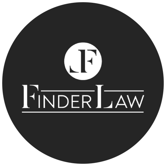 Circular logo featuring the text "FINDER LAW" beneath a white circle containing the letters "JF" in a dark grey background.