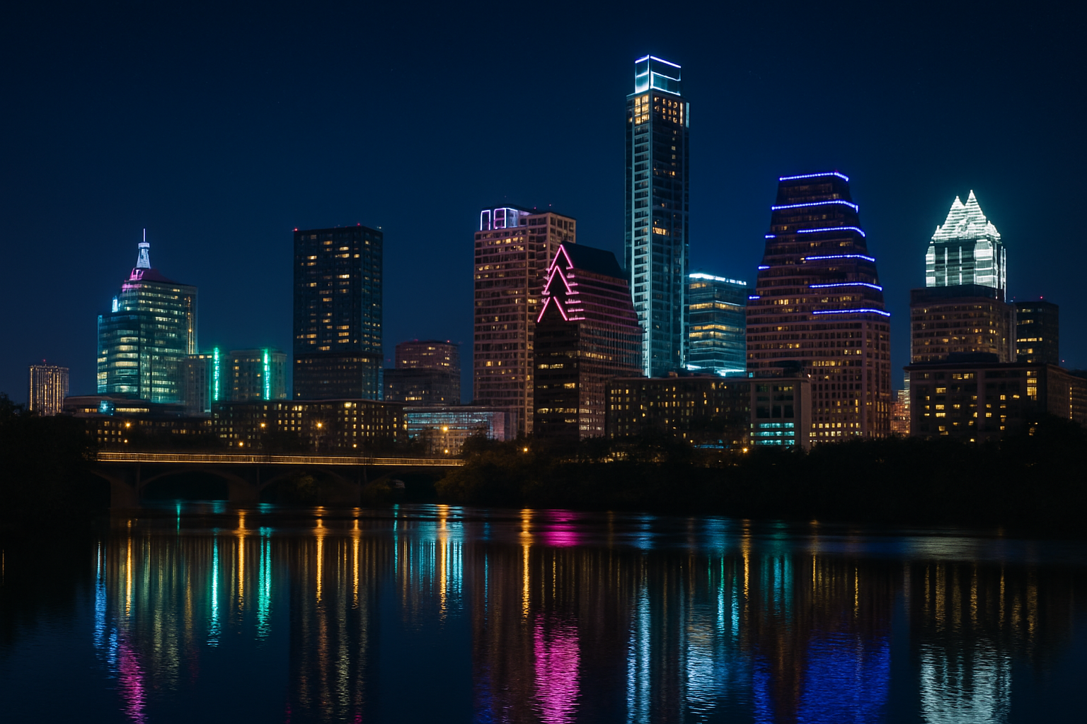 Austin, Texas skyline at night reflecting in the water, with brightly lit skyscrapers and dark blue sky.