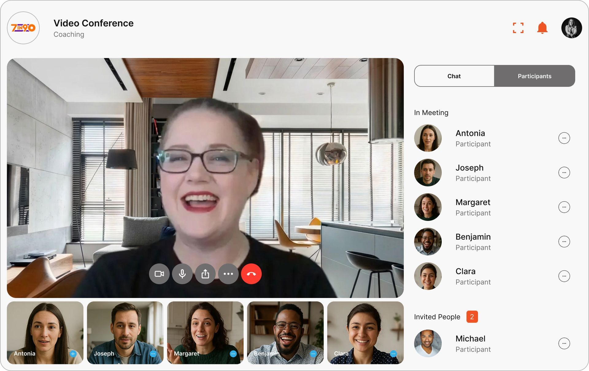 Video conference: woman speaking, other participants below, and a list of attendees on the right.