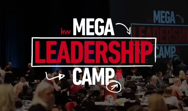 Logo for KW Mega Leadership Camp over a blurred crowd of people.