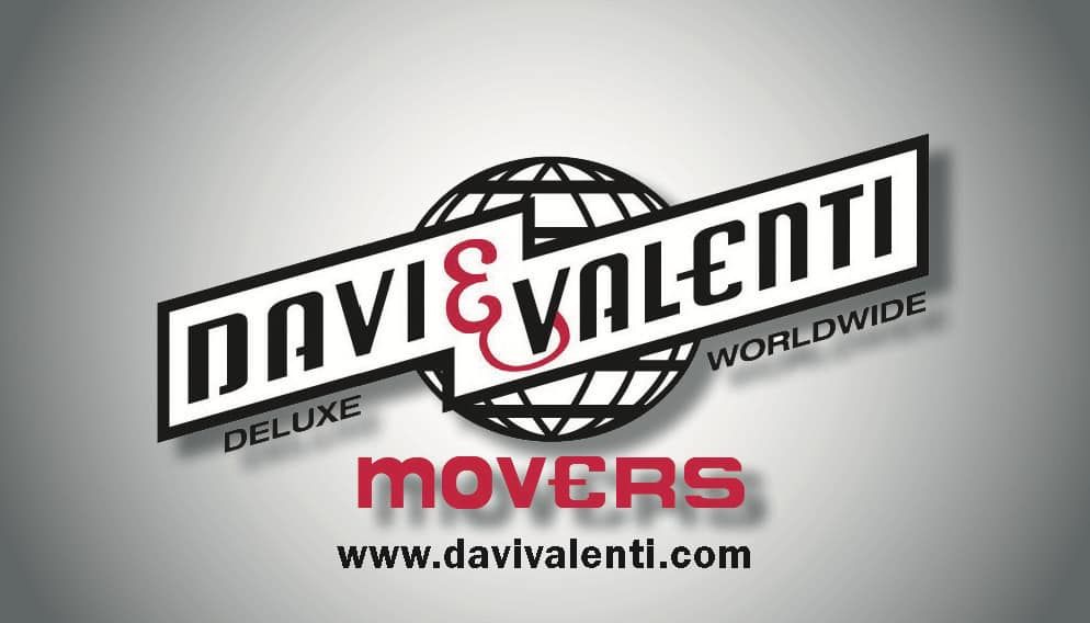 Logo for Davi & Valenti Movers. White text on black angled box, globe graphic, red 