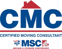 Logo for Certified Moving Consultant (CMC). Blue initials, red house symbol, and 