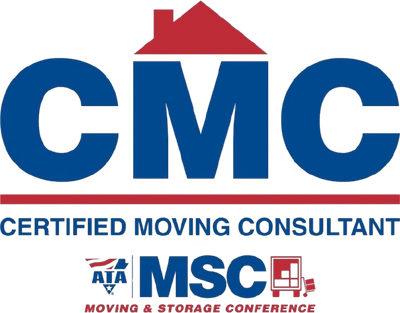 Logo for Certified Moving Consultant (CMC). Blue initials, red house symbol, and