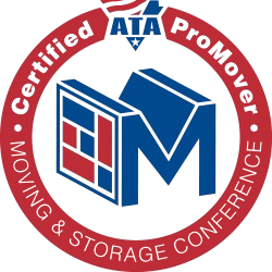 Certified ProMover logo: Red circle with white text. Blue 