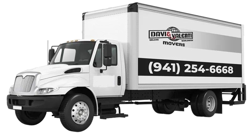White moving truck with company logo and phone number.