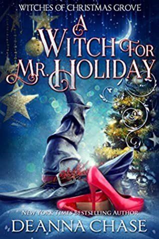 Digital cover for A Witch for Mr. Holiday; a witch hat and pair of red stilettos sits in front of a decorated Christmas tree,