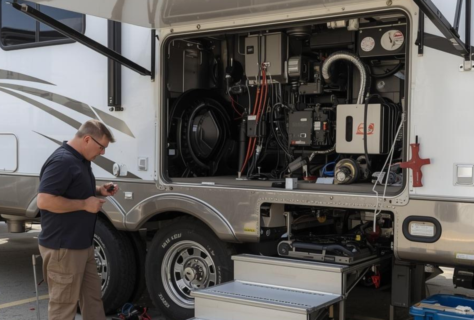 Man working on the engine of a recreational vehicle. The engine compartment is open.