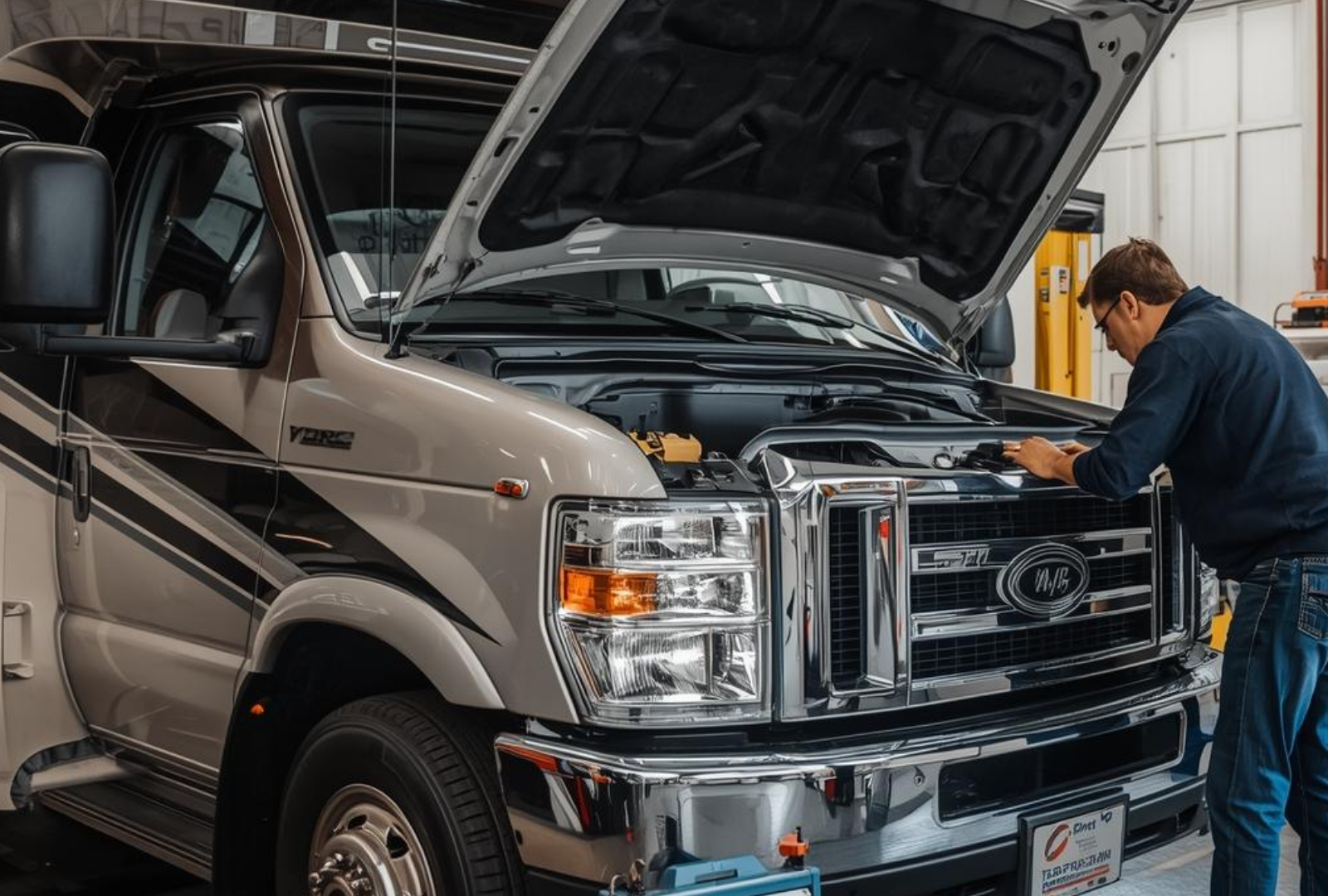 Man inspecting the engine of a silver and black RV with the hood open. Inside a garage.