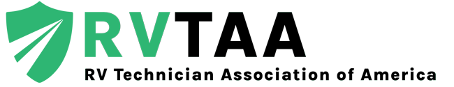 RVTAA logo. Shield with road design, green and black letters, and “RV Technician Association of America.”