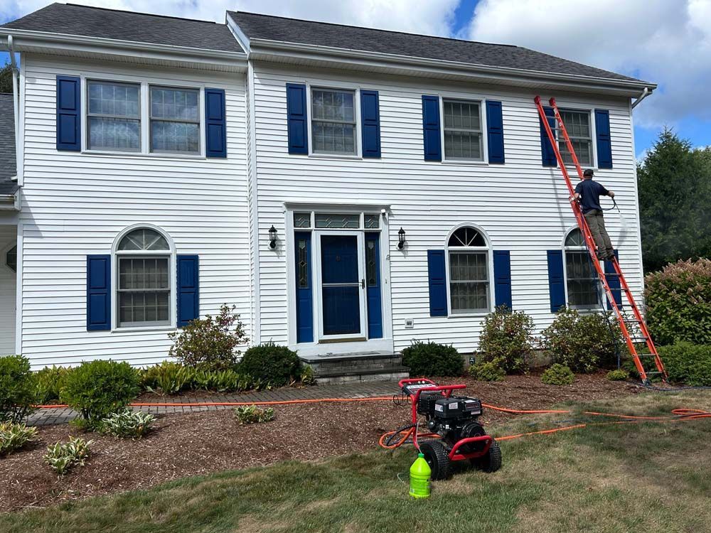 White house with blue shutters
