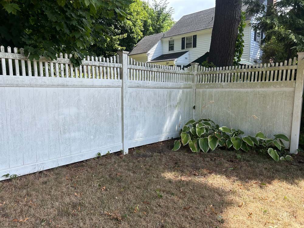 White picket fence encloses dry grass and a patch of green hostas in front of a white house