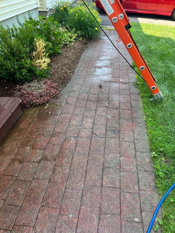 Brick walkway being power washed. An orange ladder leans against it