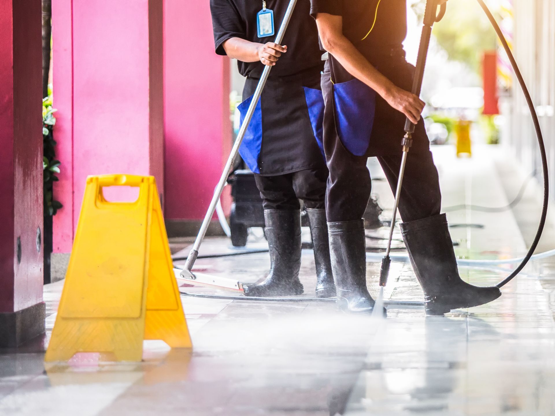 Two people cleaning a building's exterior with power washers