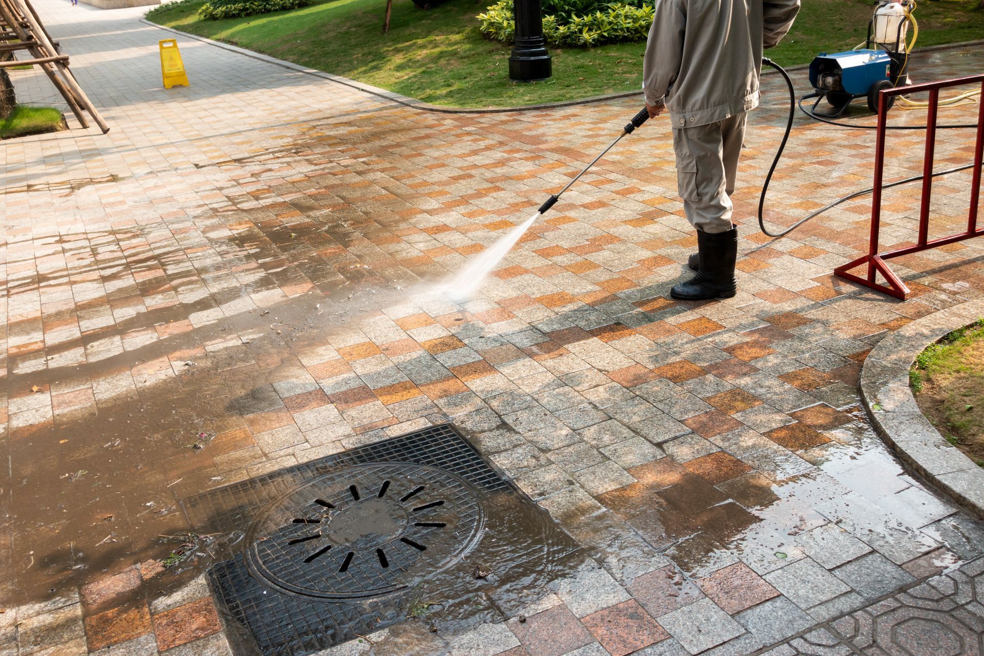 Person pressure washing a brick walkway