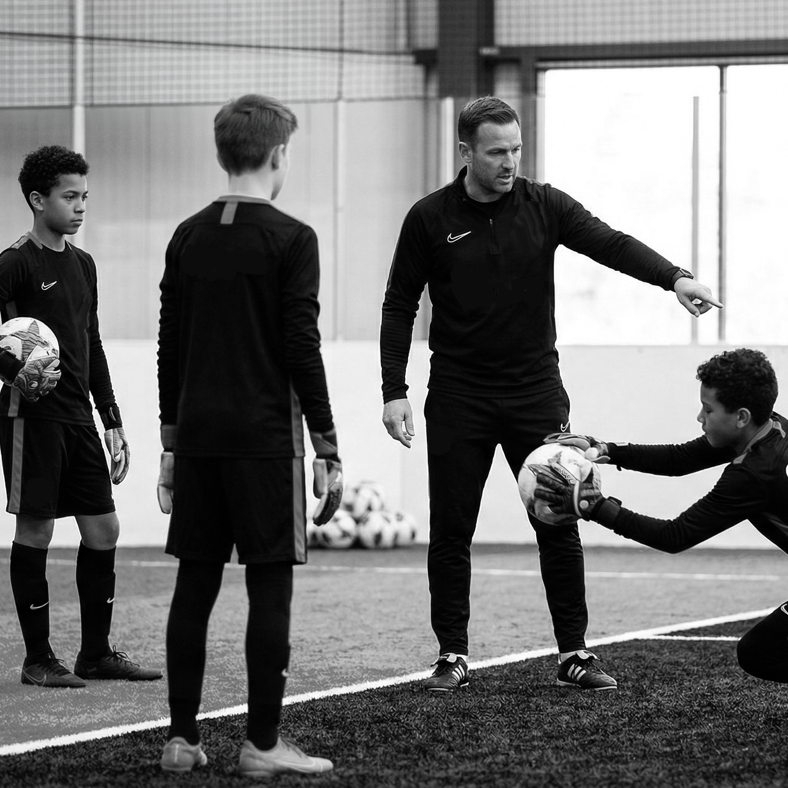The Goalkeeper Lab coach showing diving technique in a small group setting in Waco, TX