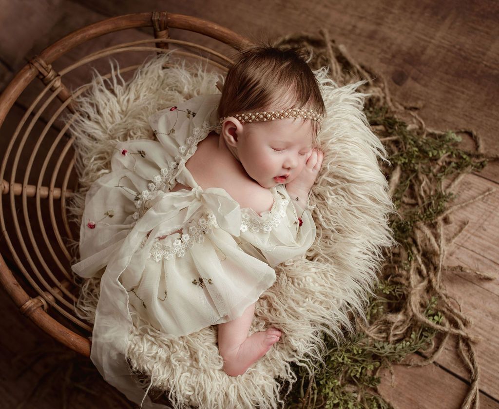 A newborn baby is sleeping in a wicker basket. Baby Studios with Props