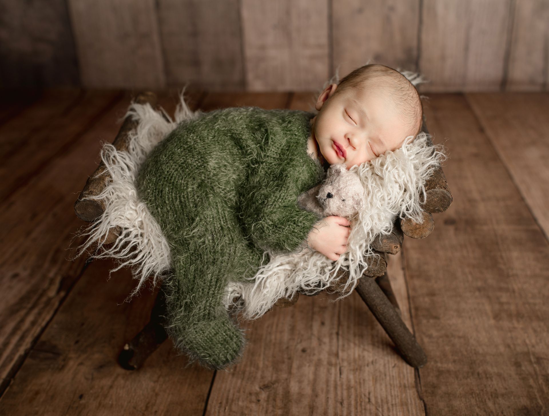 Newborn studio with props, Studio with props near me, Sleeping baby with bear.