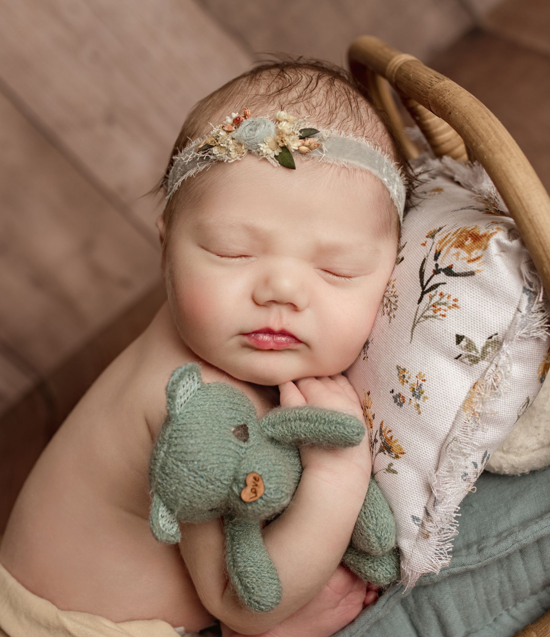 A newborn baby is sleeping in a basket holding a stuffed animal.