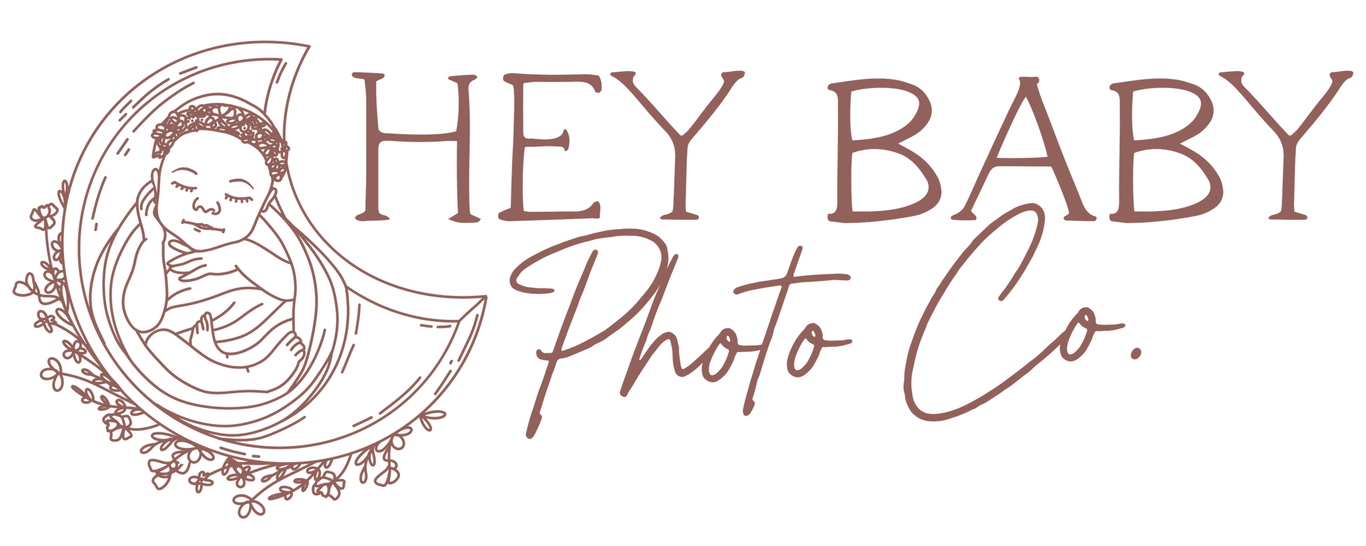 Logo for Hey Baby Photo Co. with sleeping baby illustration inside a crescent, with text in a brown color.
