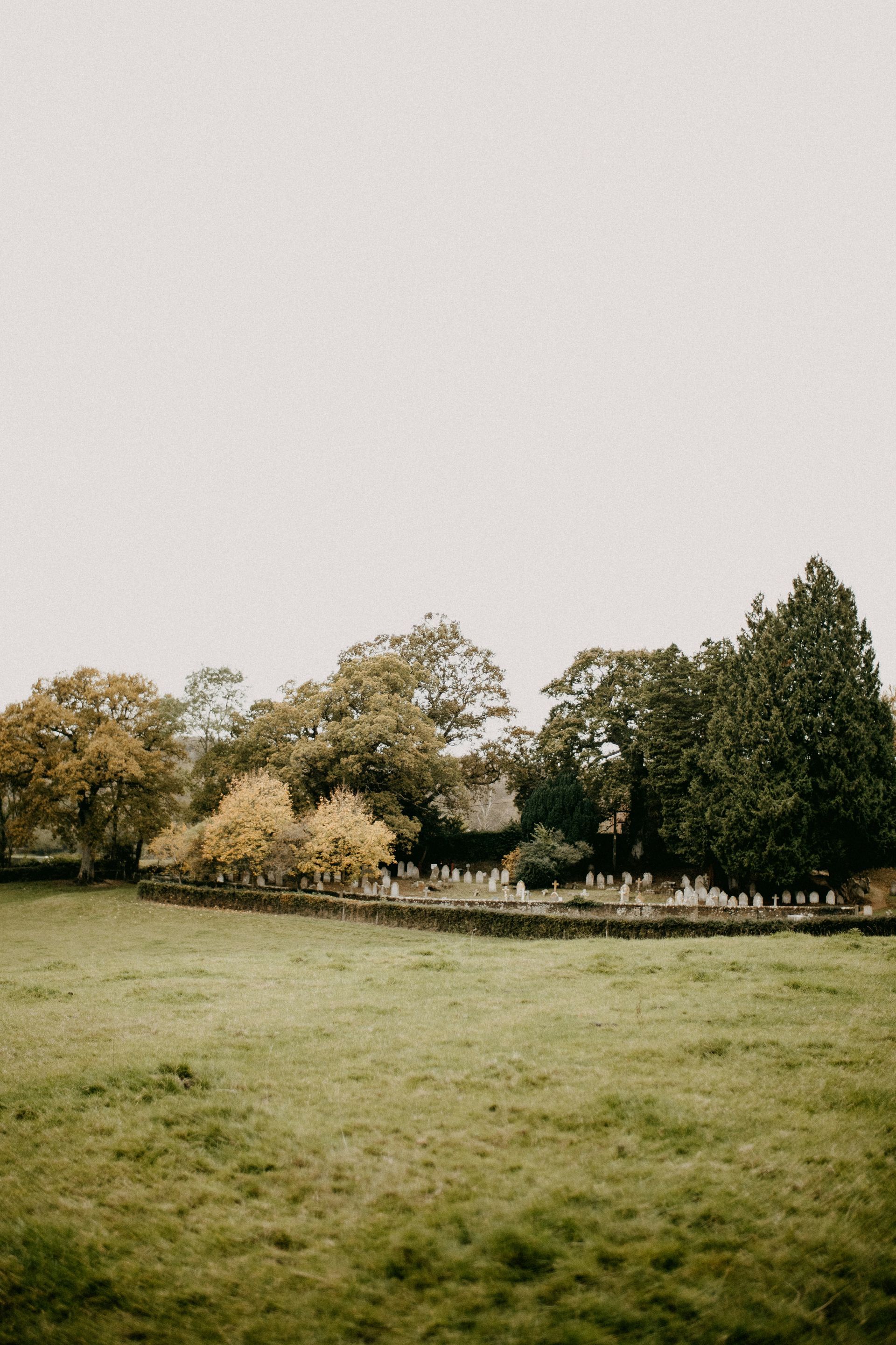 Green field with trees and a graveyard under an overcast sky.