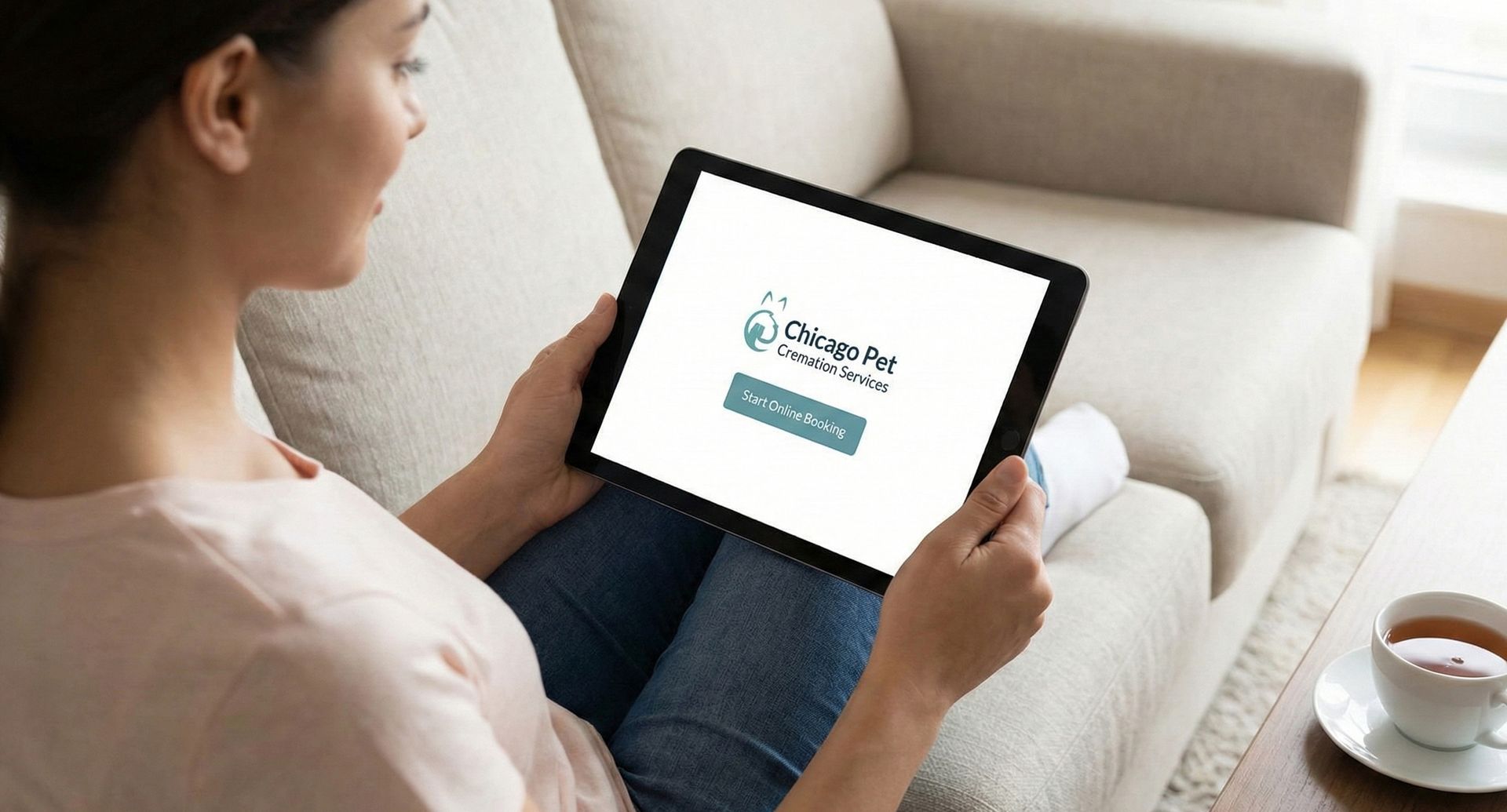 Woman sitting on a couch using a tablet; tablet displays a website with logo and a button.