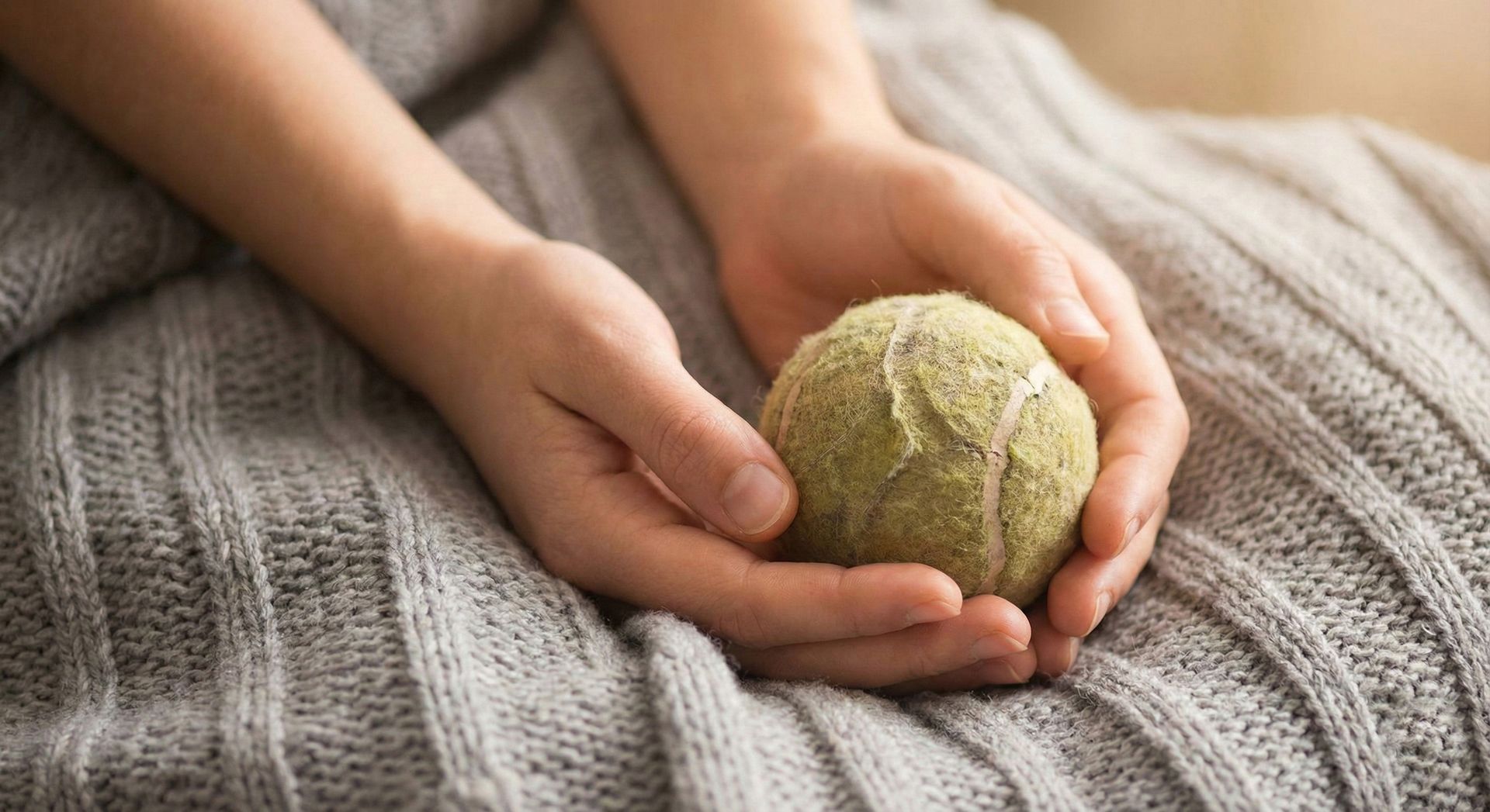 Hands cupped around a faded green tennis ball, resting on a gray knitted blanket.