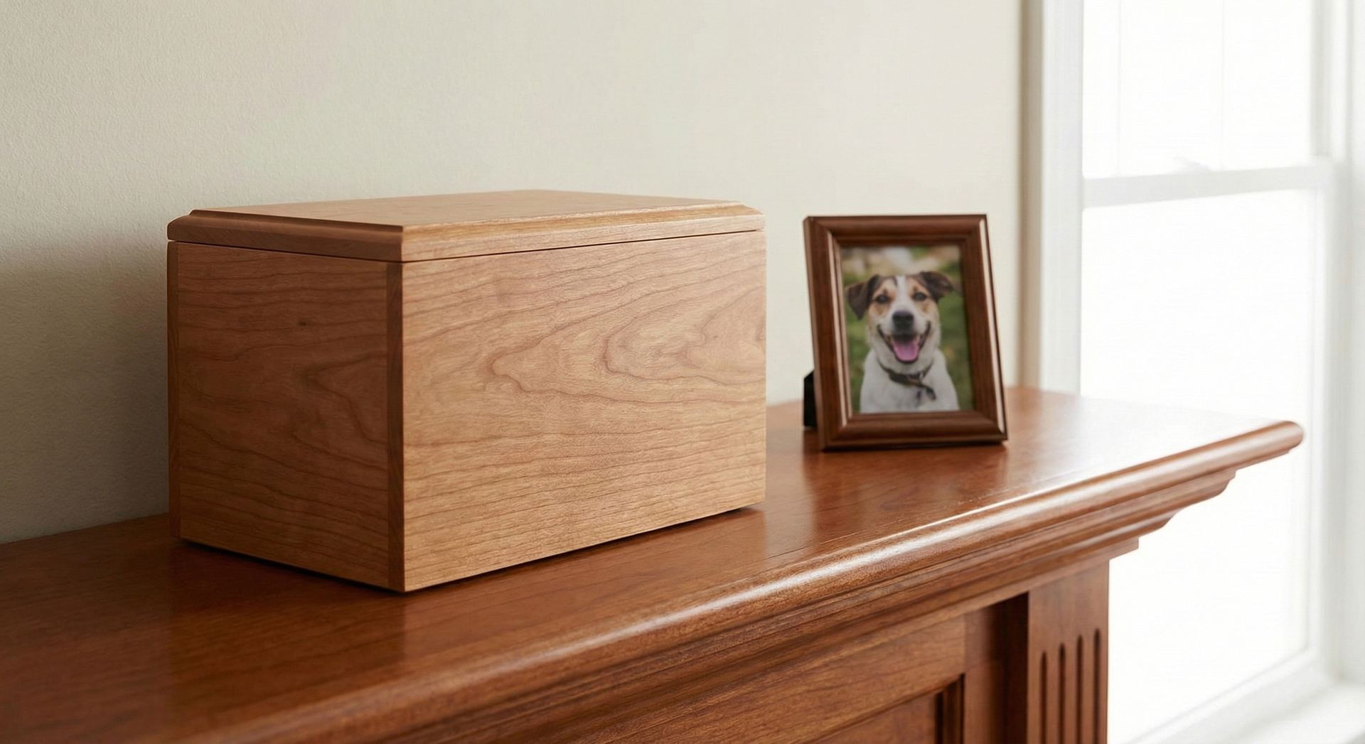 Wooden pet urn and framed photo of a dog on a wood surface. Beside a window.