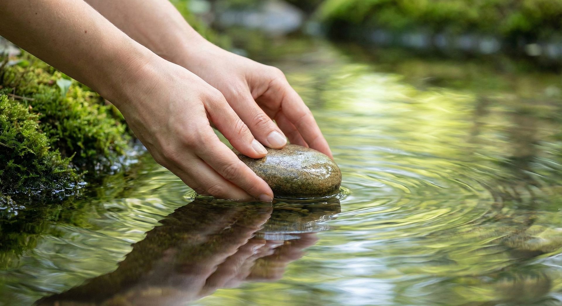 Hands holding a smooth, round stone partially submerged in clear water.