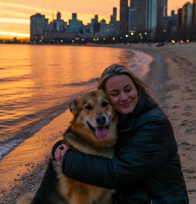 Woman hugging a dog on a beach at sunset, city skyline in background.