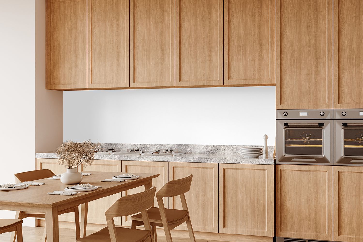 Wooden kitchen with cabinetry, ovens, and a dining table.