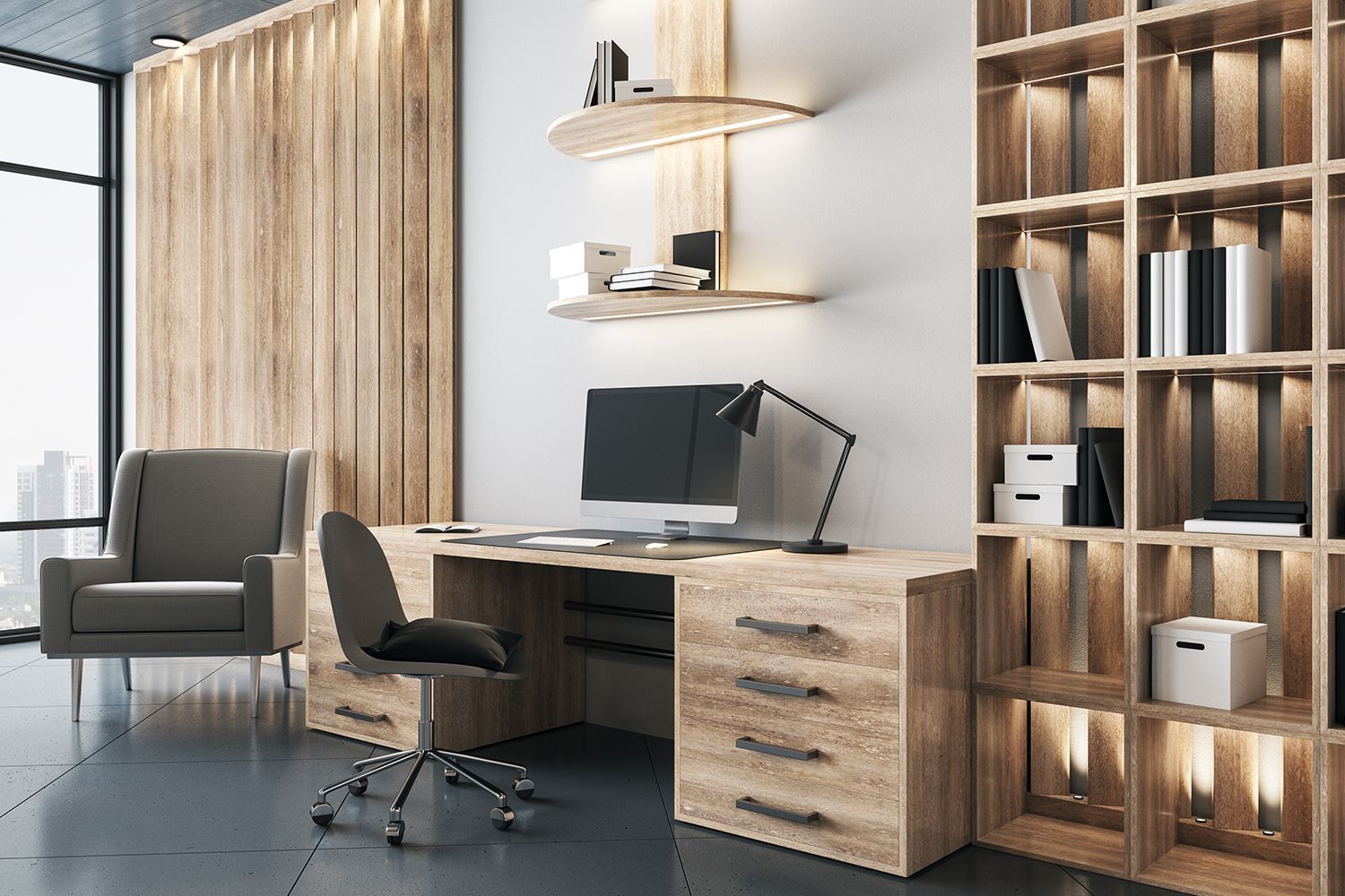 Wooden home office with desk, chair, shelves, and armchair by a window. Wooden home office with desk, chair, shelves, and armchair by a window.