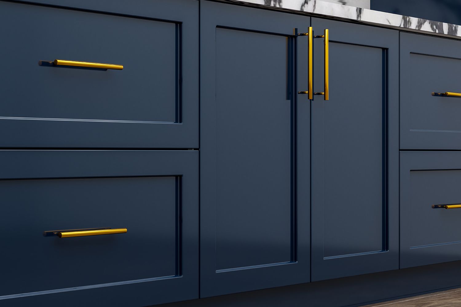 Dark blue cabinets with gold handles. Dark blue cabinets with gold handles.