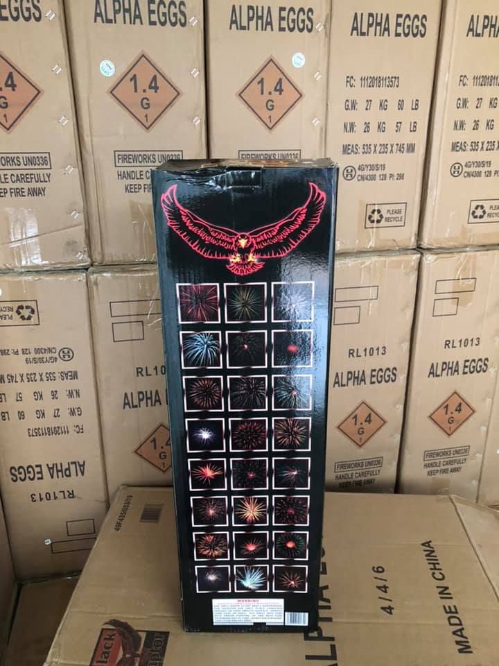 Boxes of alpha eggs fireworks are stacked on top of each other