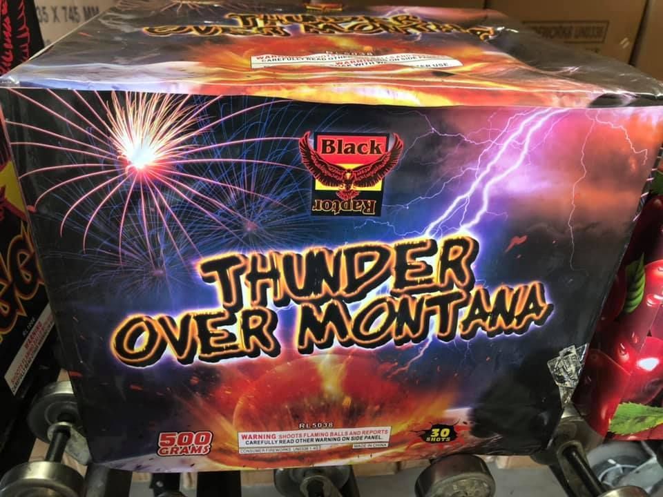 A box of thunder over montana fireworks is sitting on a table.