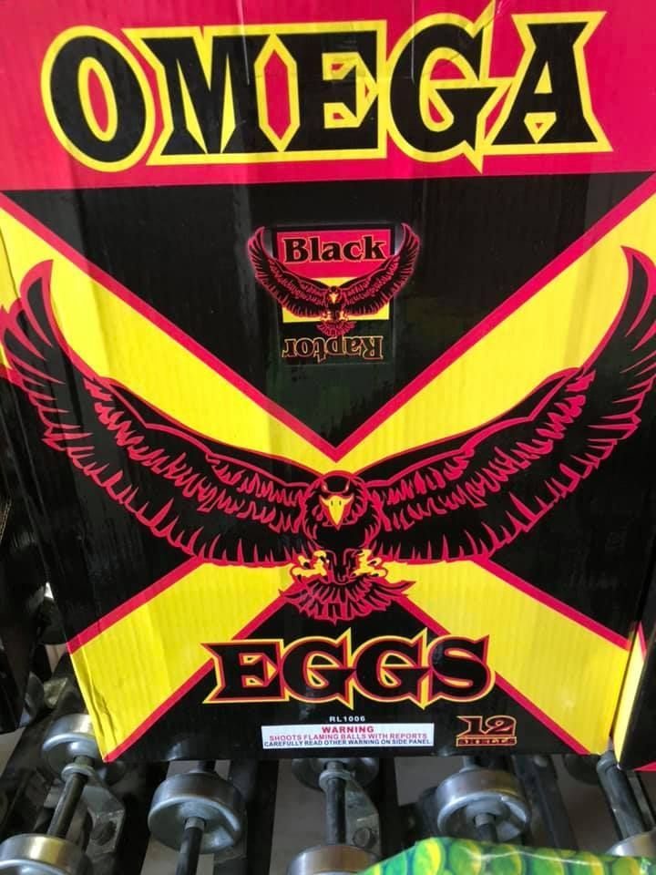 A box of omega black eggs with an eagle on it