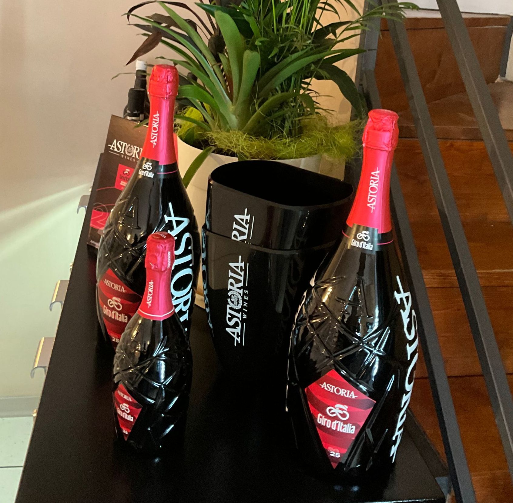 Diverse bottiglie di vino Astoria sono su un tavolo