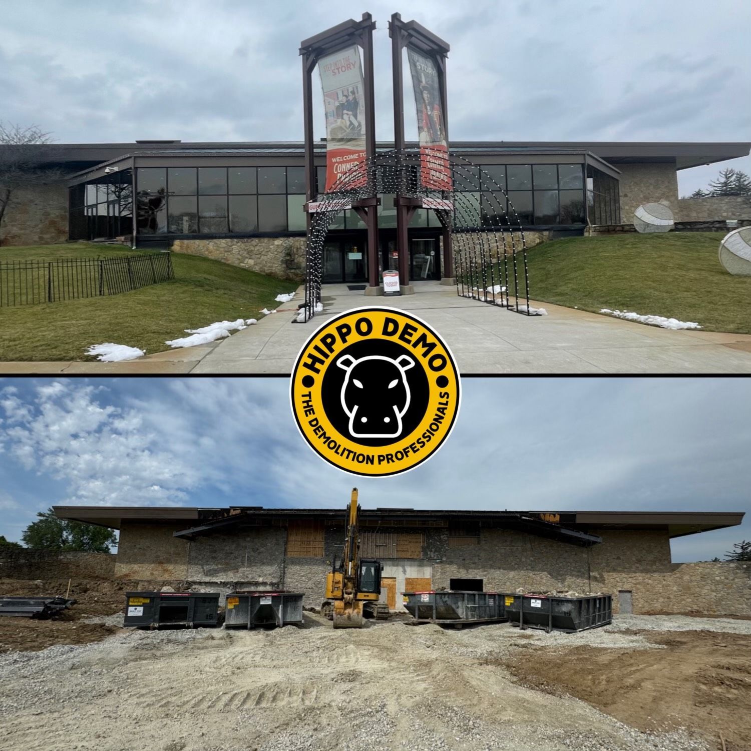 A picture of a building under construction and a logo for hippo demo