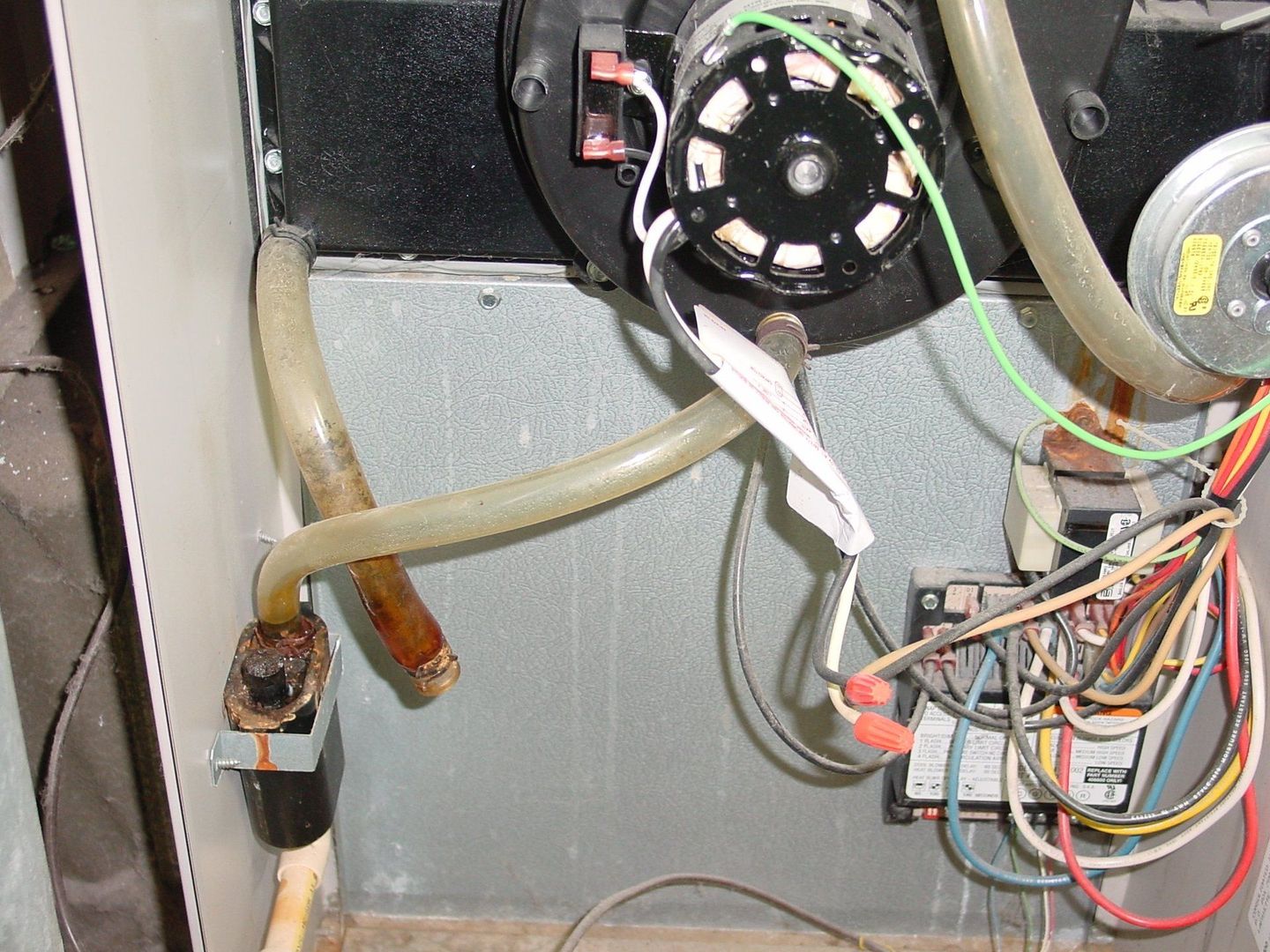 A close up of the inside of a machine with wires and a hose