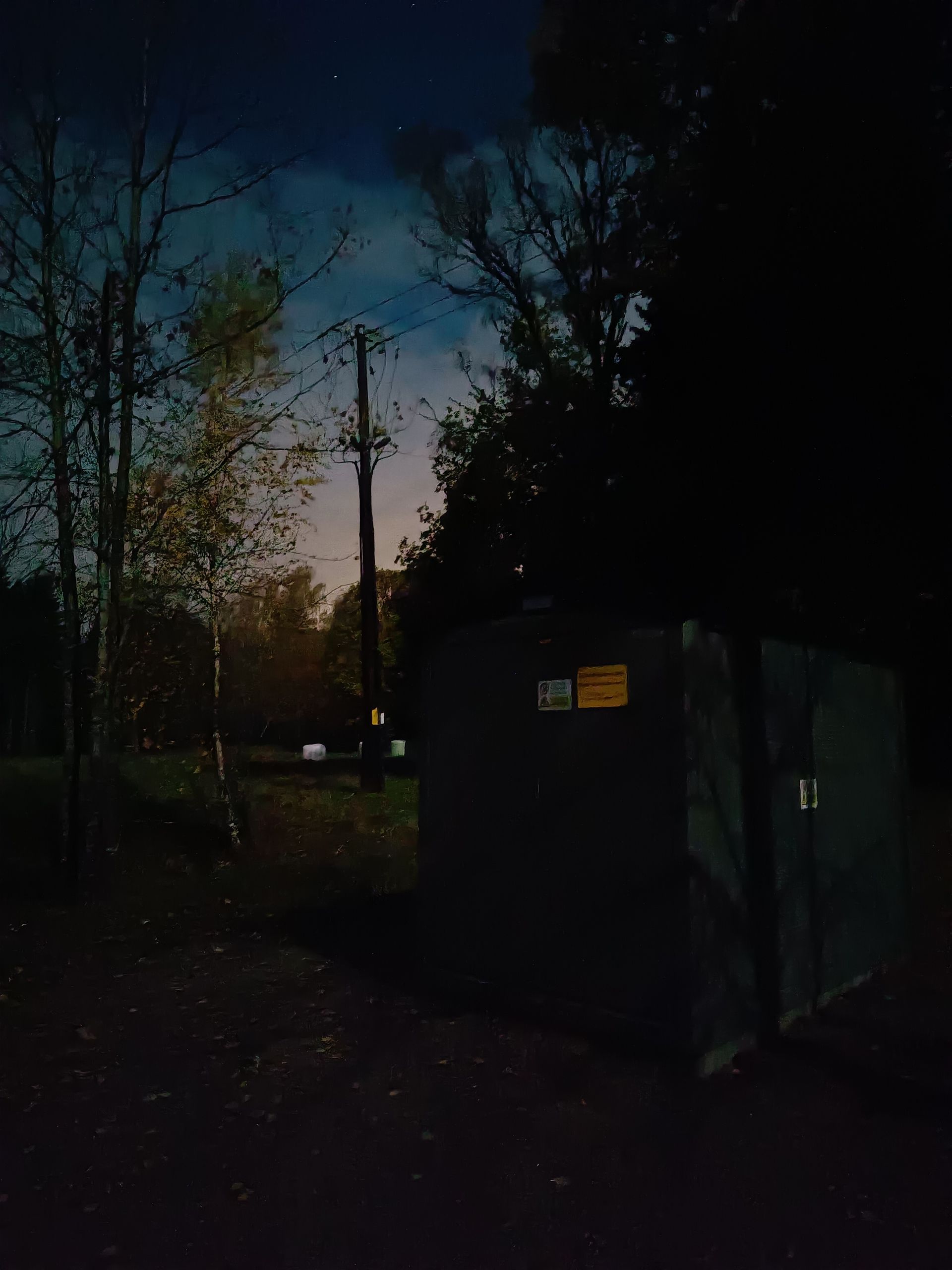 Transformatorhus och elstolpe. Bilden är tagen med mobiltelefonens mörkerläge.