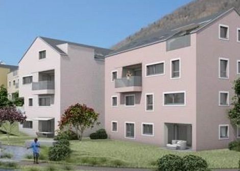 Künstlerische Darstellung eines rosafarbenen Wohnhauses mit einem Berg im Hintergrund.