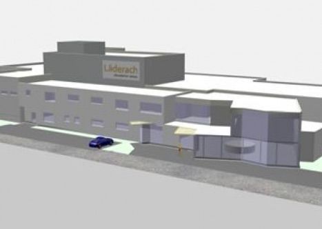 Eine künstlerische Darstellung eines großen Gebäudes mit einem davor geparkten Auto