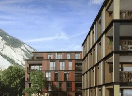 Eine künstlerische Darstellung eines Gebäudes mit Bergen im Hintergrund