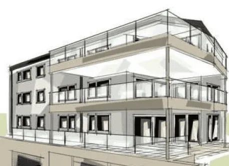 Eine Zeichnung eines Gebäudes mit vielen Fenstern und Balkonen