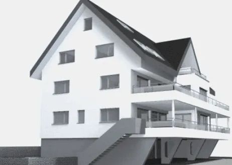 Ein weißes Haus mit schwarzem Dach und Balkonen