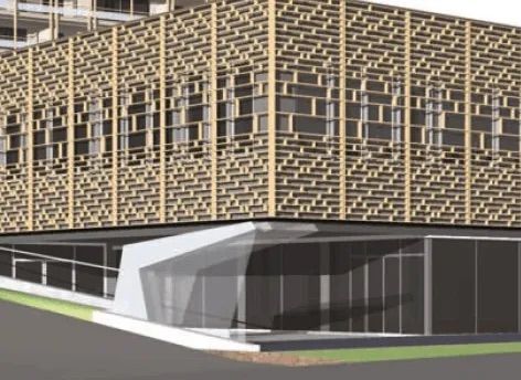 Modernes Gebäude mit Holzgitterfassade über einem verglasten Eingang. 