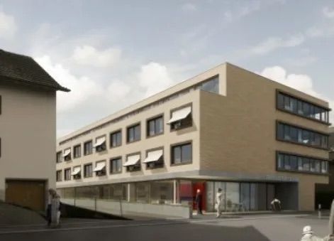 Eine künstlerische Darstellung eines großen Gebäudes mit vielen Fenstern