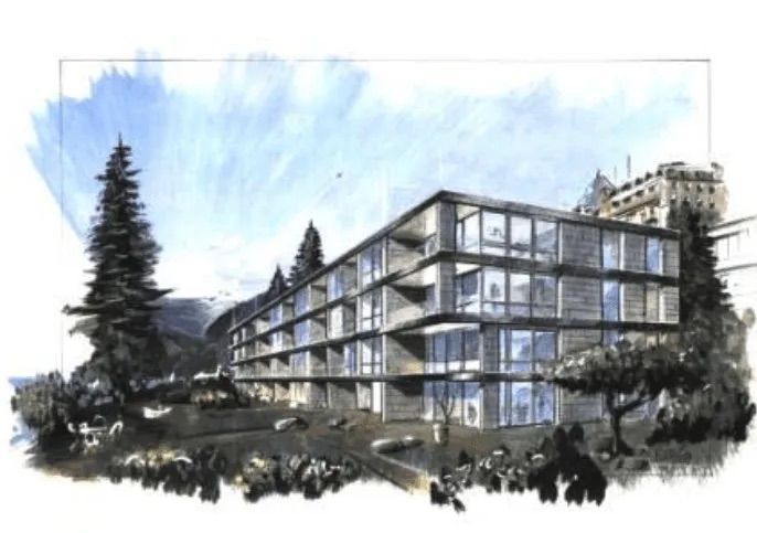 Eine Zeichnung eines großen Gebäudes mit vielen Fenstern