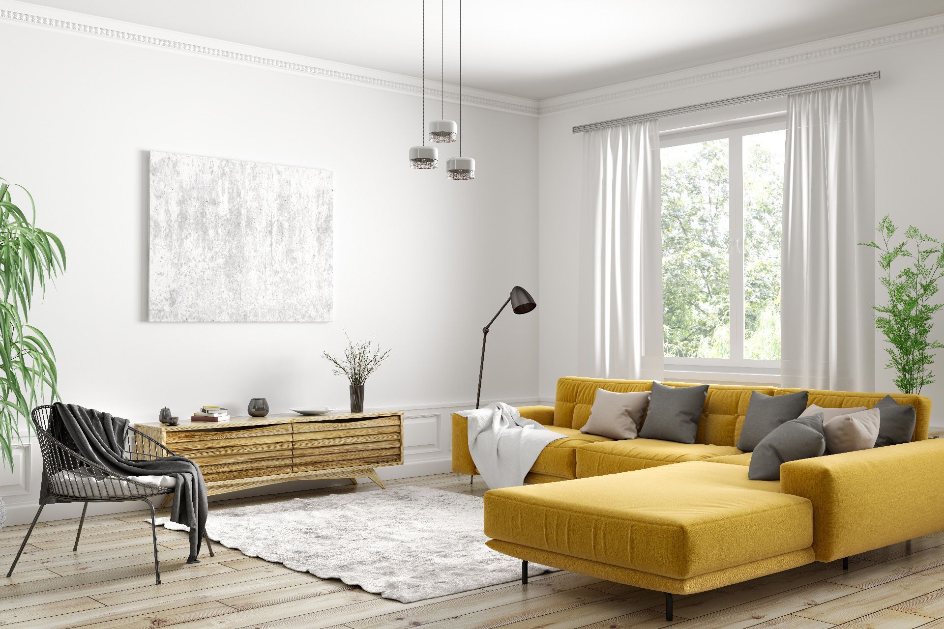 Una sala de estar con un sofá amarillo, una silla, una mesa y una ventana.