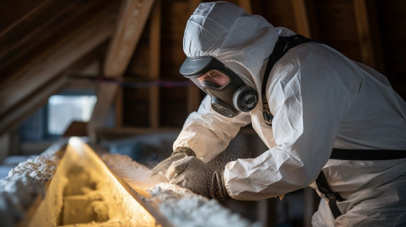 Technician wearing protective gear installing spray foam insulation inside a home attic space.
